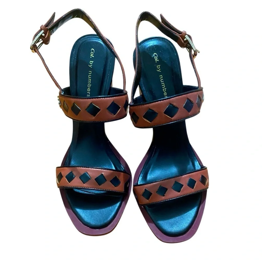 Ted Baker London Colour by Numbers Buckle Brown and Black Block Heeled Sandals
